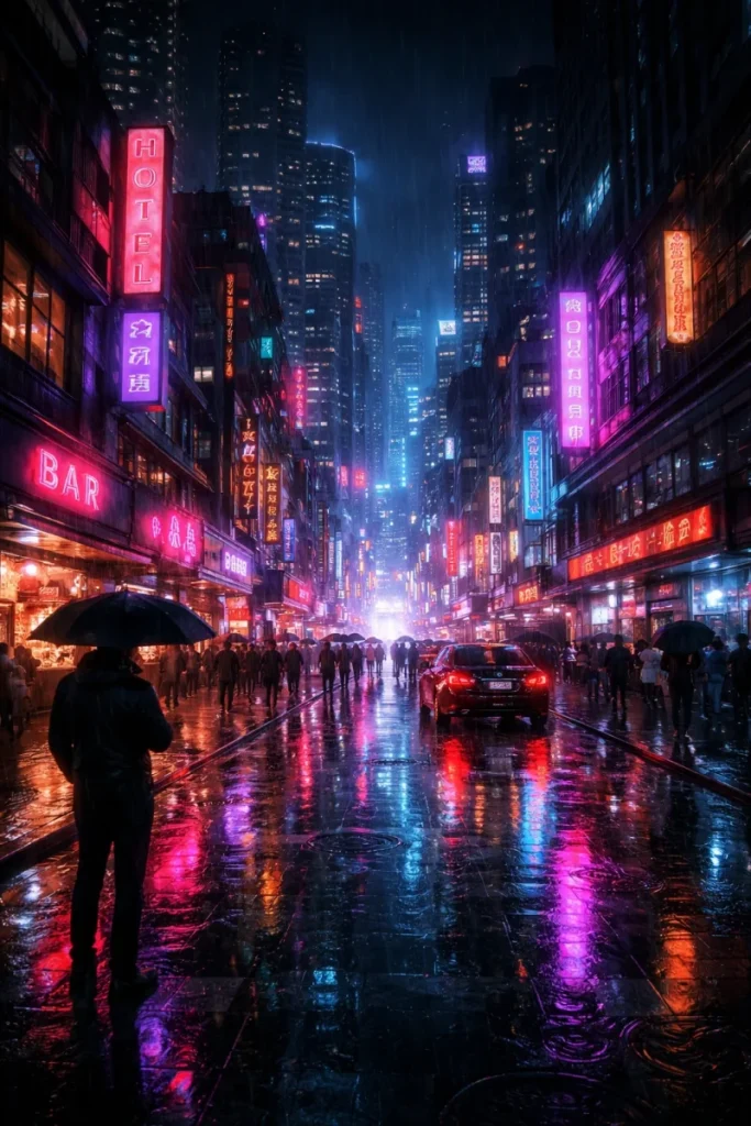 A cyberpunk city at night with neon lights, rain, reflections, cinematic composition