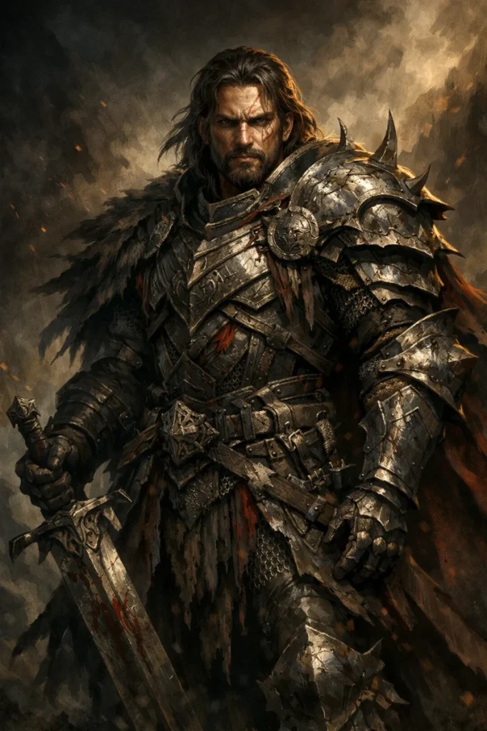 A fantasy warrior with detailed armor, dramatic lighting, concept art style