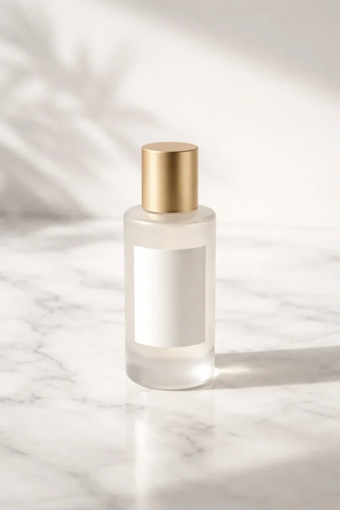 A minimalist product mockup of a cosmetic bottle on a marble surface, soft shadows