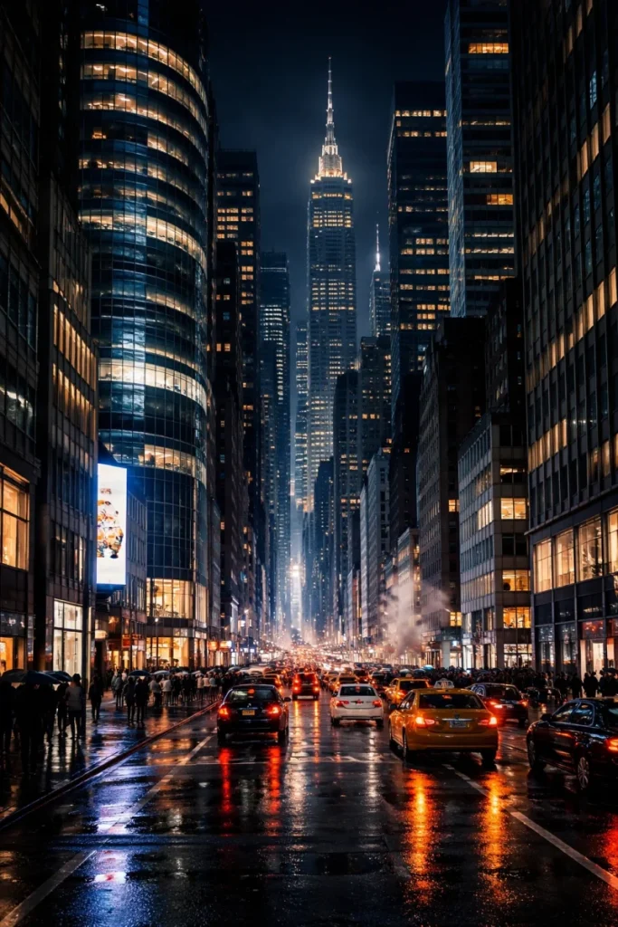 dense urban city street, modern skyscrapers, night lighting, cinematic architecture photography