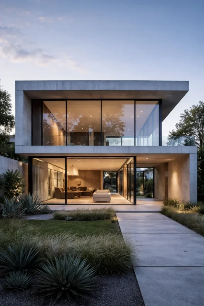 modern minimalist house, concrete and glass facade, large windows, natural lighting, architectural photography